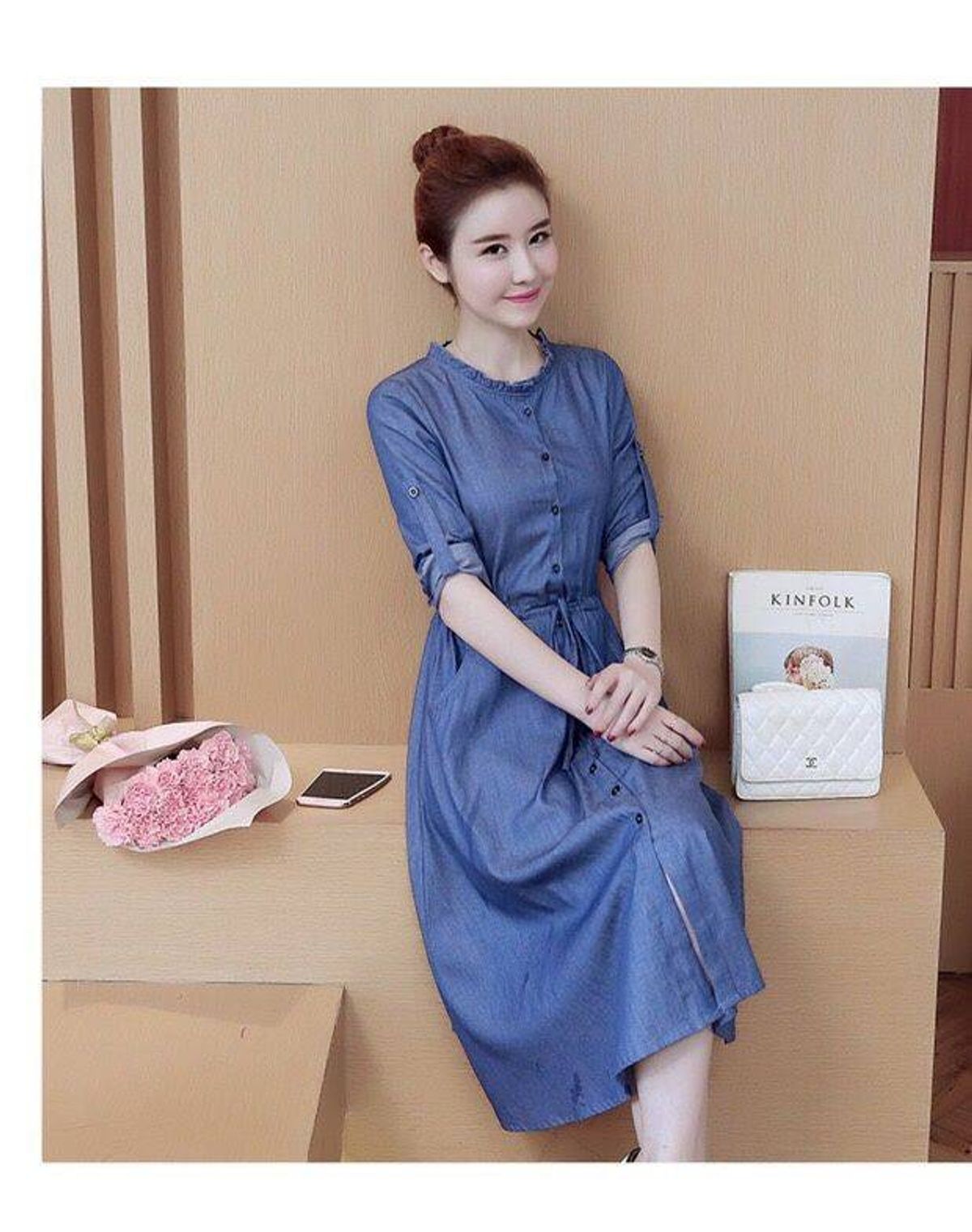 ĐẦM JEAN XOÈ CỔ BÈO TRÒN – DT834